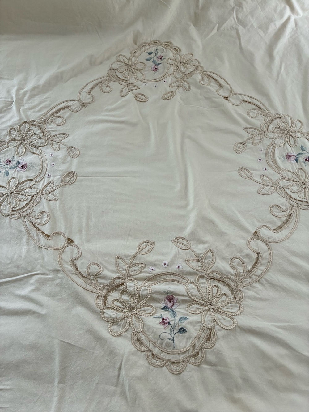 Duvet Cover Twin Size Battenberg Lace Embroidered Cream Color Vintage - Picture 3 of 10